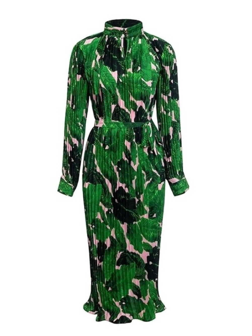 Beulah Tropical Green & Pink Leaf Print Pleated Maxi Dress - Picture 7 of 11